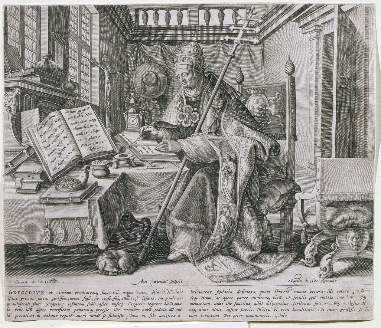Paavi Gregorius I Suuri (noin 540-604) työhuoneessaan, sarjaan kuuluvia kuvia neljästä "kirkkoisästä", kaiverrettu Anton Wierixin (noin 1552-1624) toimesta, julkaissut Gerard de Jode, noin 1580. tekijältä Maarten de Vos