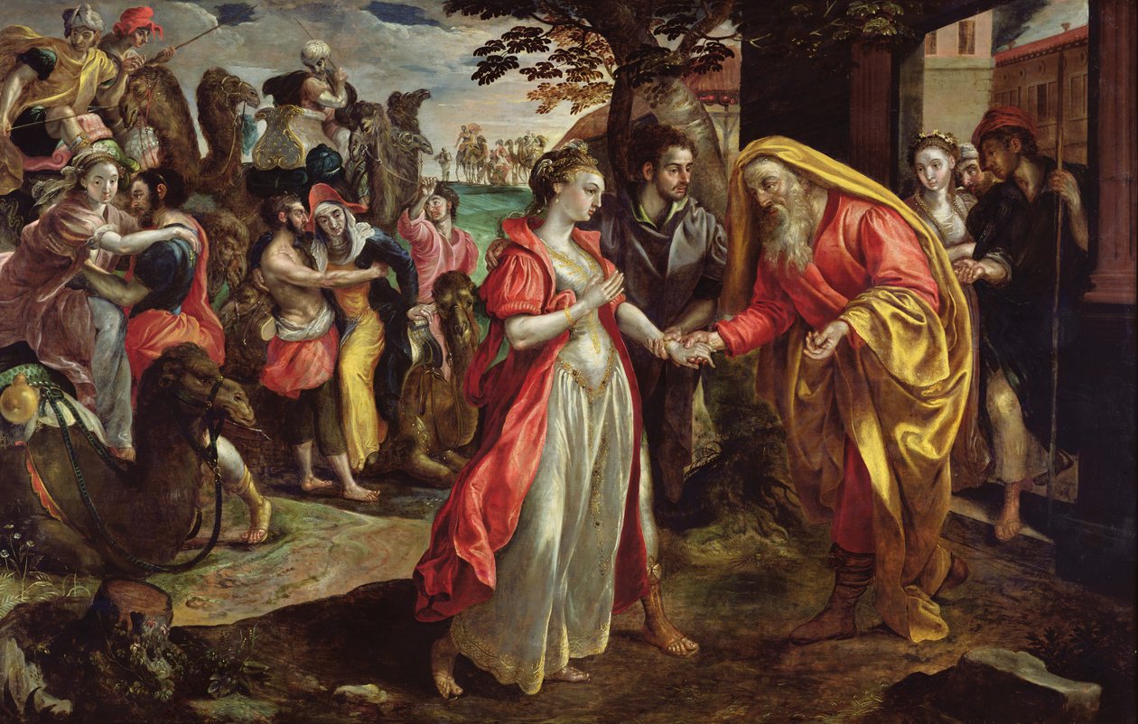 Rebecca suostuu seuraamaan Eliezeriä, n. 1562 tekijältä Maarten de Vos