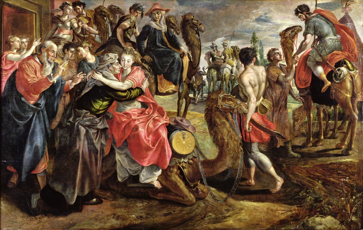 Rebecca jäähyväiset perheelleen, n. 1562 tekijältä Maarten de Vos