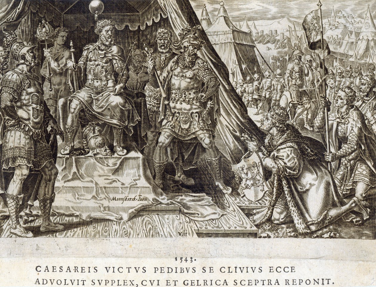 Clevesin herttuan William II:n esitys vuonna 1543, levy 8 teoksesta "Keisari Kaarle V:n sotilaalliset saavutukset", kaiverrettu Dirk Volkertsz Coornhert (1522-90), 1555 (kaiverrus ja etsaus) tekijältä Maarten van Heemskerck