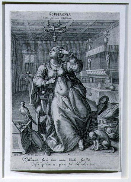 Sophronia, sarjasta "Kolme naista siveyden symboleina", kaiverrus Raphael Sadeler I (1561-1632) n. 1590 (kaiverrus) tekijältä Maarten de (after) Vos