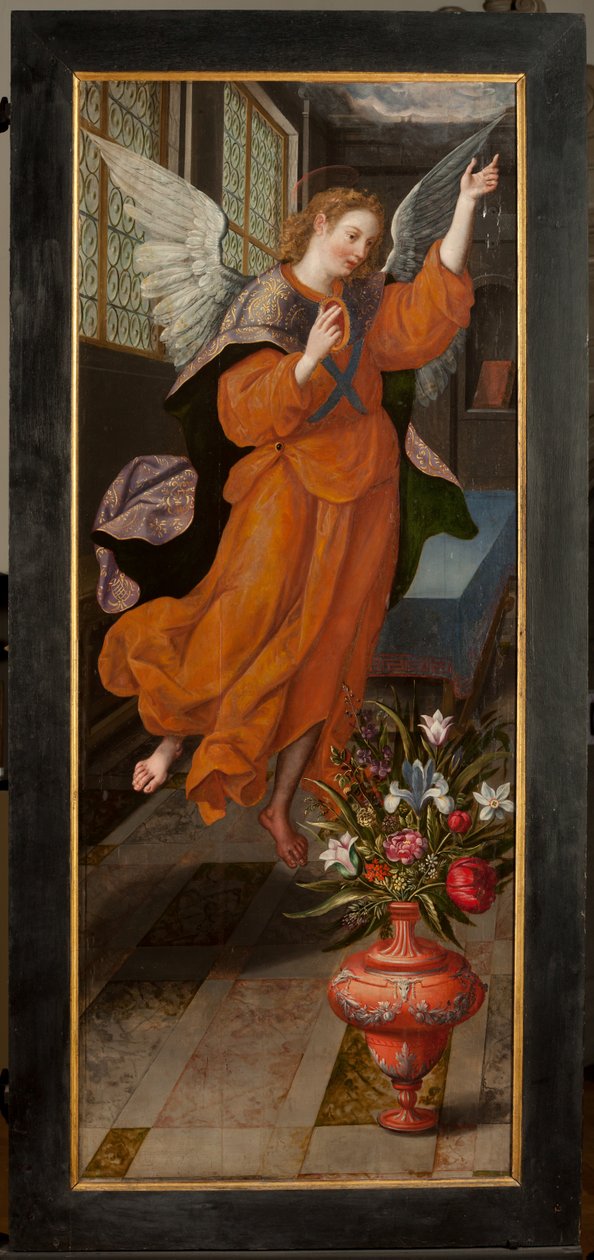 Adoration of the Magi, Triptyykki, Vasen paneeli, takaosa, maalaus puulle tekijältä Maarten de Vos