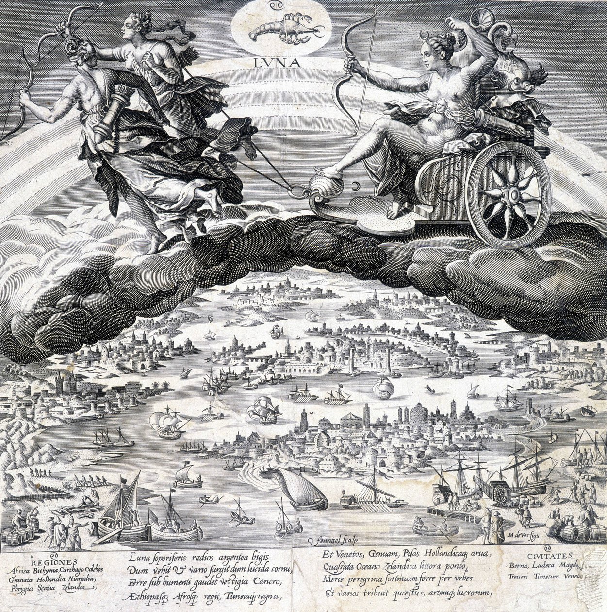 Luna: allegoria Kuusta (Diana) ja sen vaikutuksen alaisena olevasta Skorpionista (horoskooppimerkki) - kaiverrus Maaerten de Vos (Martin de Vos, Marten de Vos) (1532-1603), n.d. tekijältä Maarten de Vos