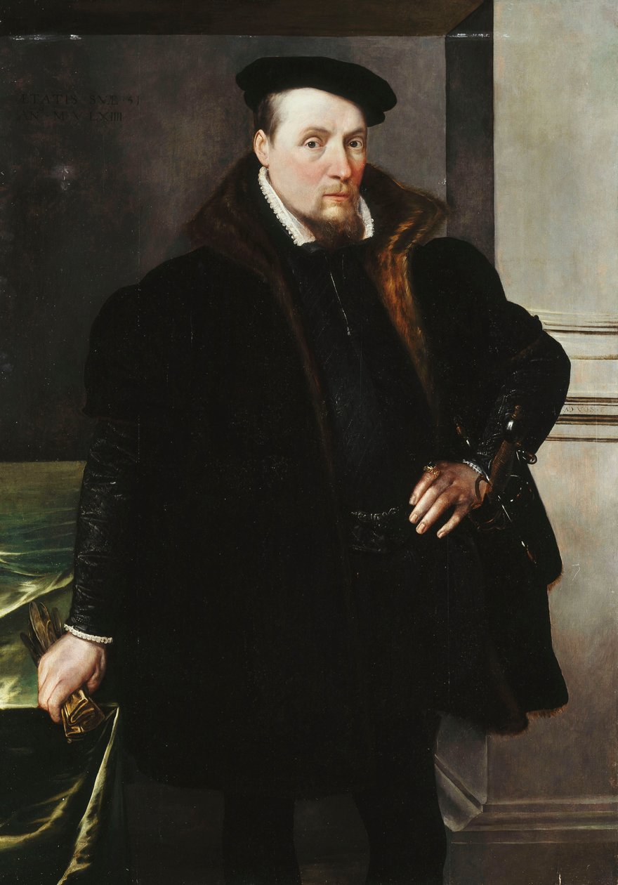 Herrasmiehen muotokuva, kolme neljäsosaa, mustassa takissa turkisvuorella, 1551 tekijältä Maarten de Vos