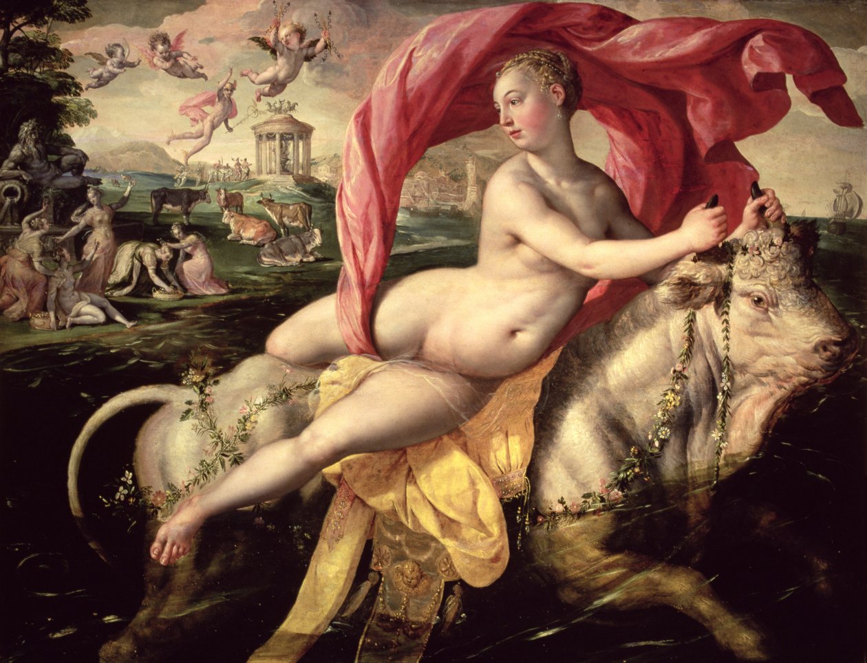 The Rape of Europa, n. 1590 (öljy tammilevylle) tekijältä Maarten de Vos