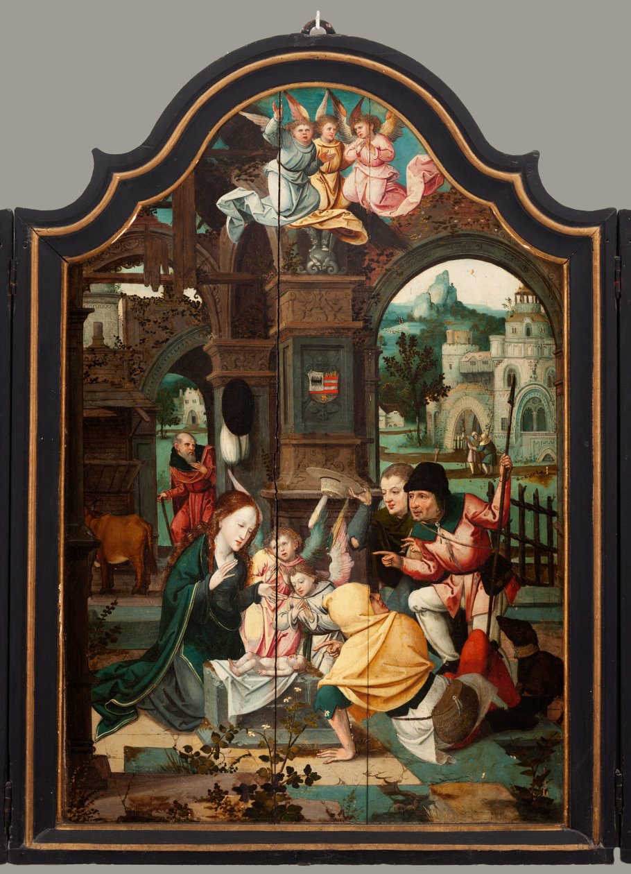 Triptyykki. Maarten de Vos. 16. vuosisata. Öljy puulle. Alttaritaulu avattu keskipaneeli. tekijältä Maarten de Vos