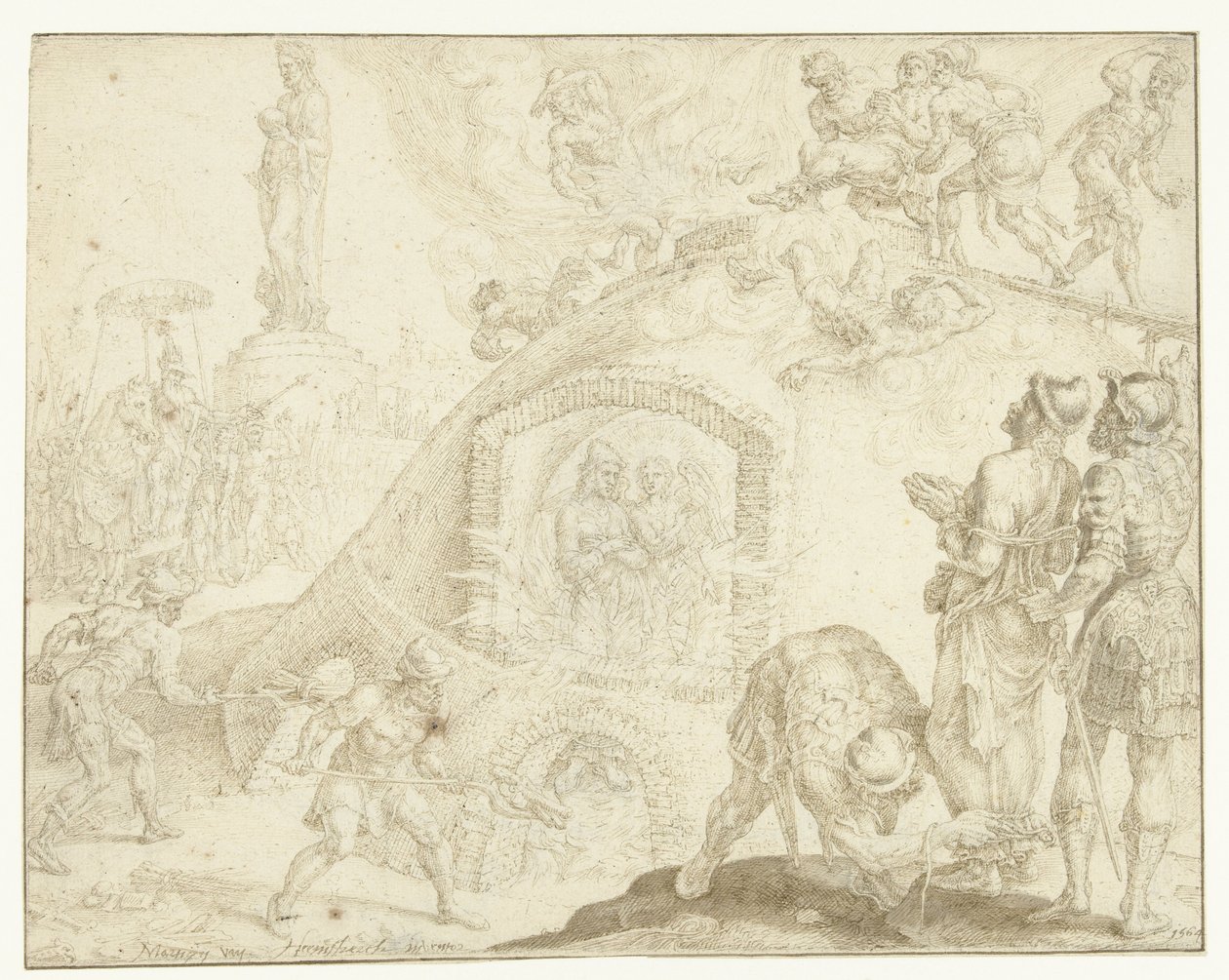 Tres joves són llençats a un forn de foc Acaba la història dels tres joves (títol de la sèrie). tekijältä Maarten van Heemskerck
