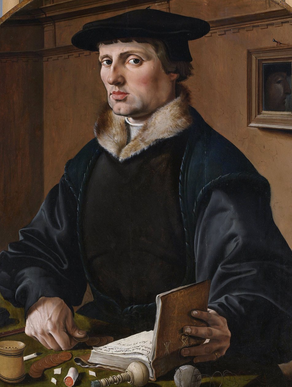 Saksa: Bildnis eines Kaufmanns (Pieter Bicker) Muotokuva (mahdollisesti) Pieter Gerritsz Bickeristä, riipus (mahdollisesti) hänen vaimostaan Anna Coddesta. tekijältä Maarten van Heemskerck