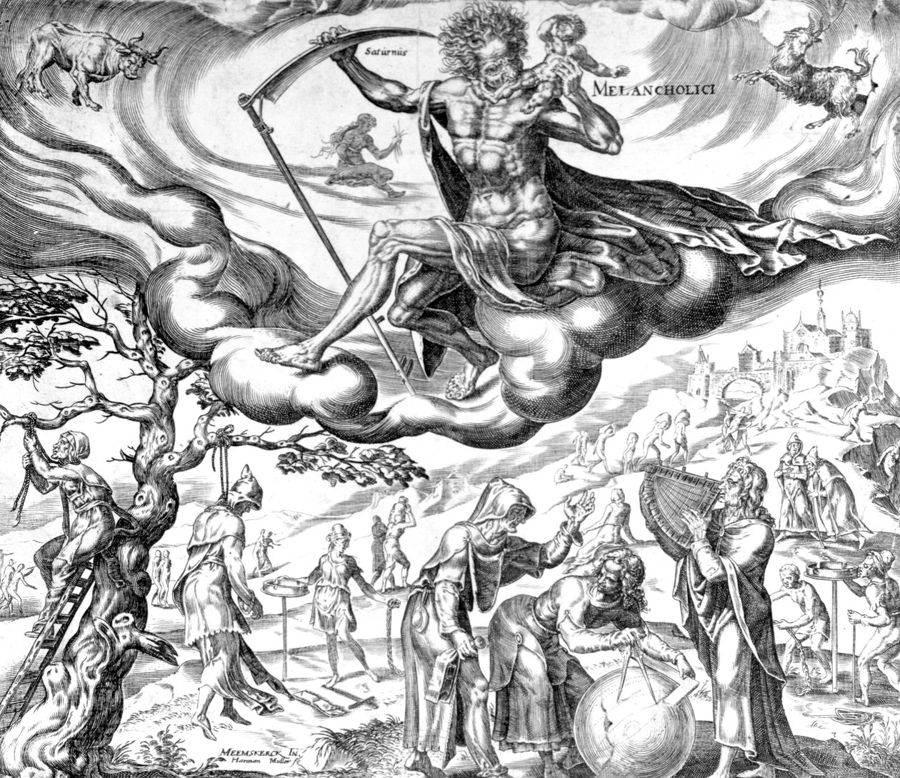 Melankoliaa, sarjasta "Neljä temperamenttia", kaiverrus Harmen Jansz Muller, 1566 tekijältä Maarten van Heemskerck