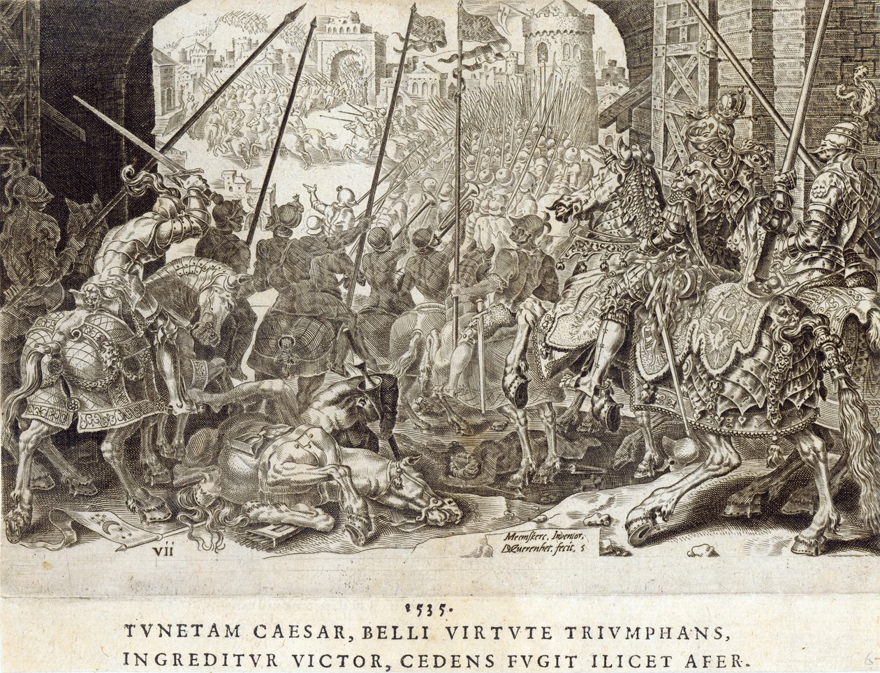 Tunisin valloitus vuonna 1535, levy 7 teoksesta "Keisari Kaarle V:n sotilaalliset saavutukset", kaiverrus Dirk Volkertsz Coornhert (1522-90), 1555 (kaiverrus ja etsaus) tekijältä Maarten van Heemskerck