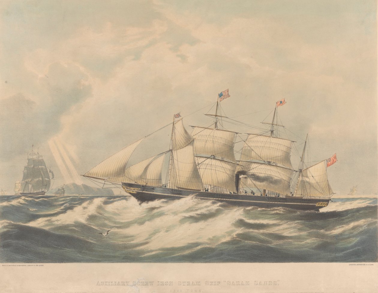 Apuruuvirautahöyrylaiva "Sarah Sands" (1845), noin 1843-54 (litografia). tekijältä Macdonald & Co. Maclure
