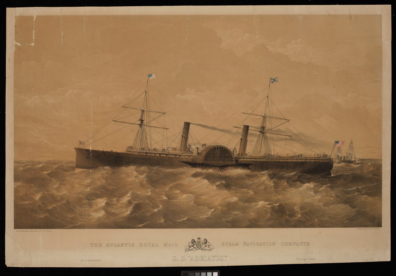 Atlantic Royal Mail Steam Navigation Companyn höyrylaiva S.S. Adriatic, noin 1856 (litografia, sävytetty). tekijältä Macdonald & Co. Maclure
