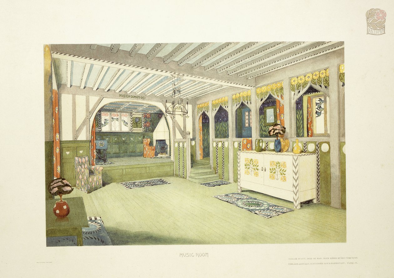 Musiikkihuone, Mansaari, n. 1901 (värilitografia) tekijältä Mackay Hugh (after) Baillie Scott