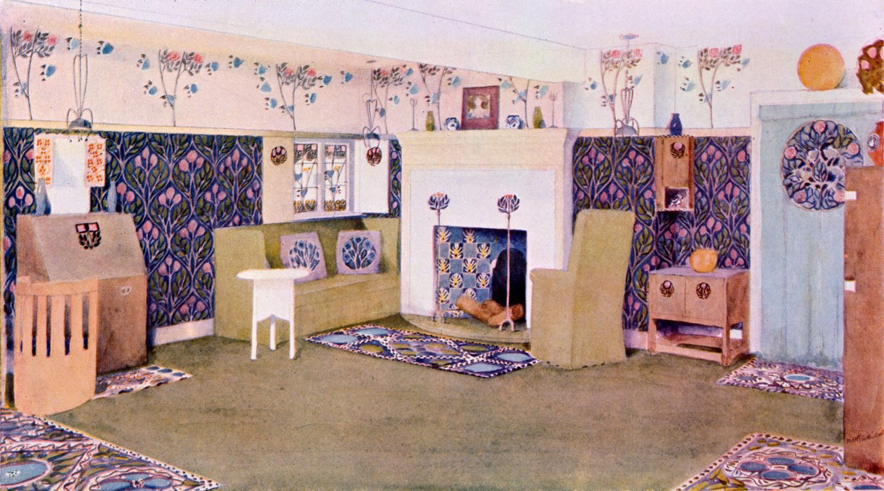 Suunnittelu Falkewoodin olohuoneeseen, n. 1906 tekijältä Mackay Hugh Baillie Scott