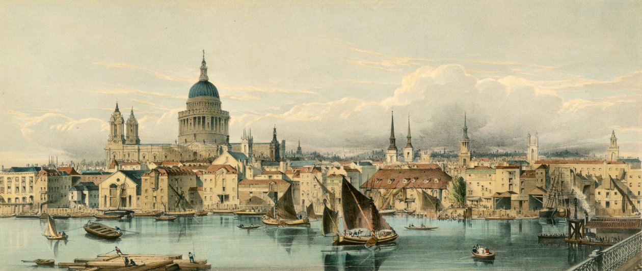 Veneitä Thames-joella ja Pyhän Paavalin katedraali, Lontoon kaupunki, 1850-luku tekijältä Maclure