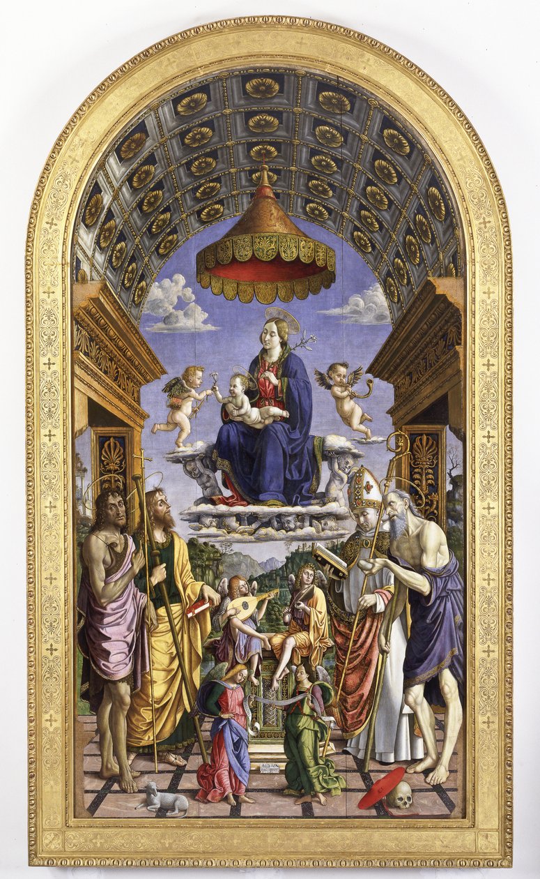 Madonna ja lapsi kunniassa, muusikkoenkelit ja pyhät Johannes Kastaja, Jaakob, Ugo ja Hieronymus, 1498 tekijältä Macrino dAlba