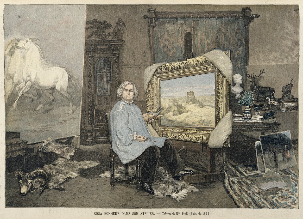 Rosa Bonheur (1822-99) ateljeessaan, Le Petit Journal -lehdestä, 3. kesäkuuta 1893. tekijältä Madame Consuelo Fould