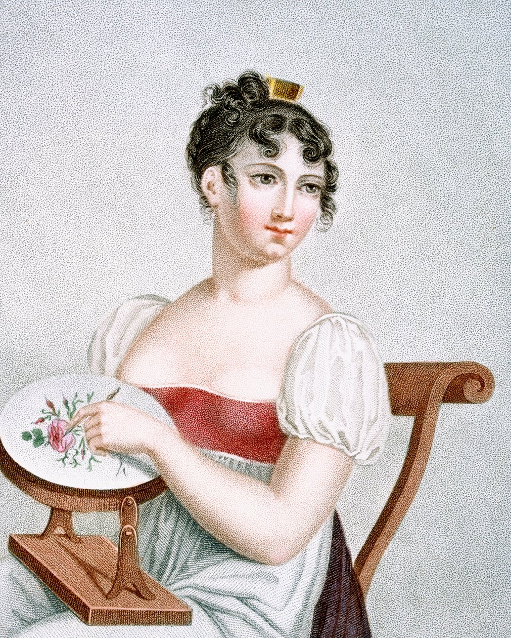 The Embroiderer, kaivertanut Augrand, n. 1816 tekijältä Madame G. Busset Dubruste