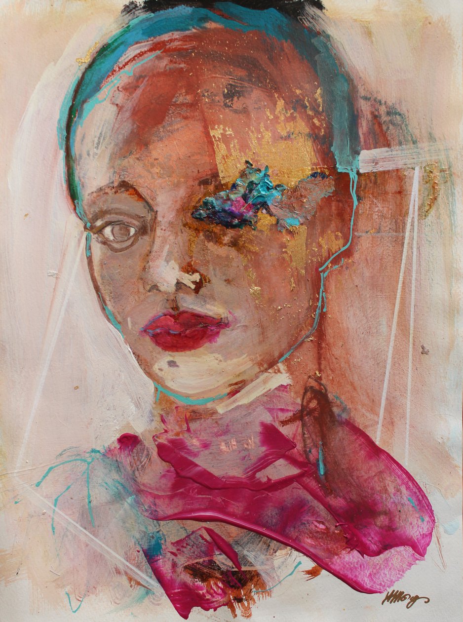 Lost In Thought 2, 2020 (akryyli, pastelli ja lehtikulta paperille) tekijältä Madgalena Morey