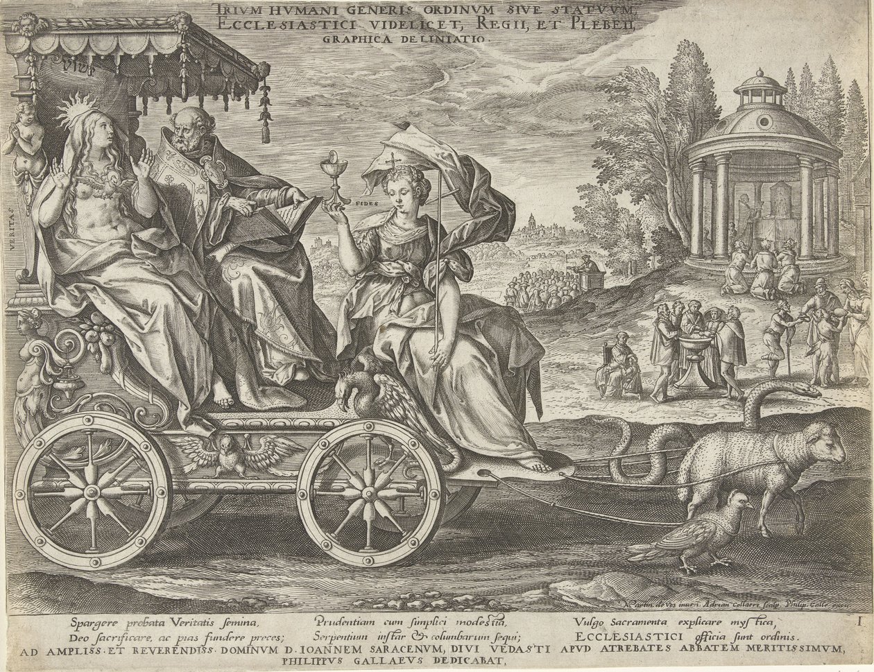 Ensimmäisen kartanon allegoria, kaiverrettu Adriaen Collaertin Maarten de Vosin jälkeen ja julkaissut Philip Galle; omistettu Jean Sarrazinille tekijältä Maarten de Vos