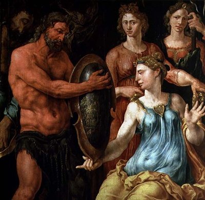Vulcan näyttää jumalille Venuksen ja Marsin vangitsemista verkkoihinsa, n. 1536 (paneeli) tekijältä Maerten van Heemskerck