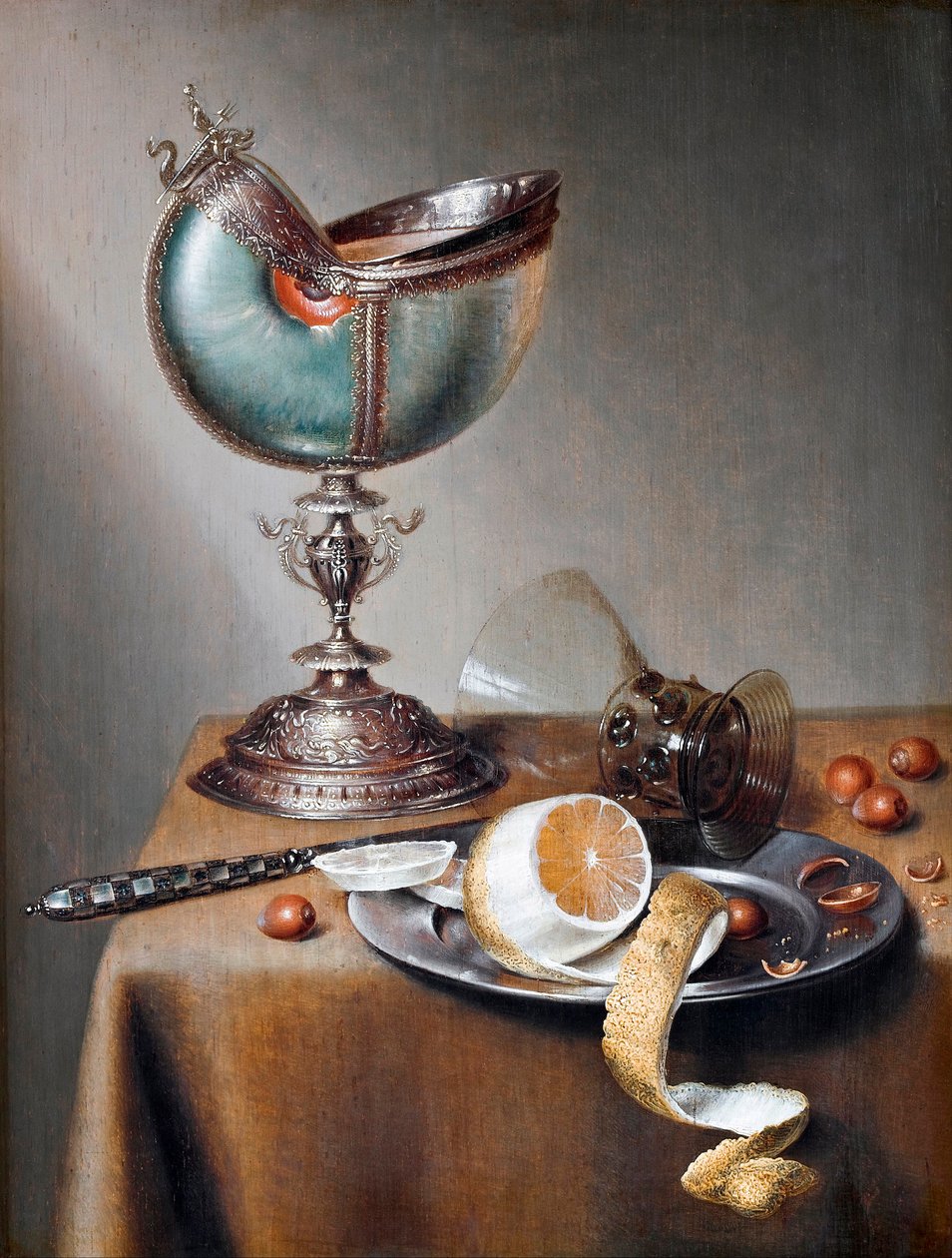 ""Nature morte a la coupe nautile"" (Asetelma Nautilus Cupin kanssa) Peinture de Marten Boelema de Stomme (1611-1644) - Öljy puulle Koko 50x38 cm Hallwylska Museet, Tukholma tekijältä Maerten Boelema de Stomme