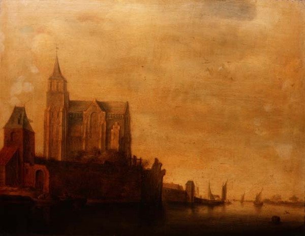 Groote Kerk, josta on näkymät päätornille, Emmerich jokimaisemassa purjeveneineen tekijältä Maerten Fransz van der Hulst