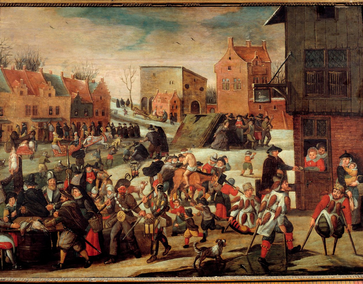 Rajalaiset Köyhien ja sairaiden joukko kaupungissa (Flanderissa?) (Ihmeiden tuomioistuin). Martin van Cleven (1527-1581) maalaus 1500-luvulta Troyes, Musee des Beaux Arts tekijältä Maerten van Cleve
