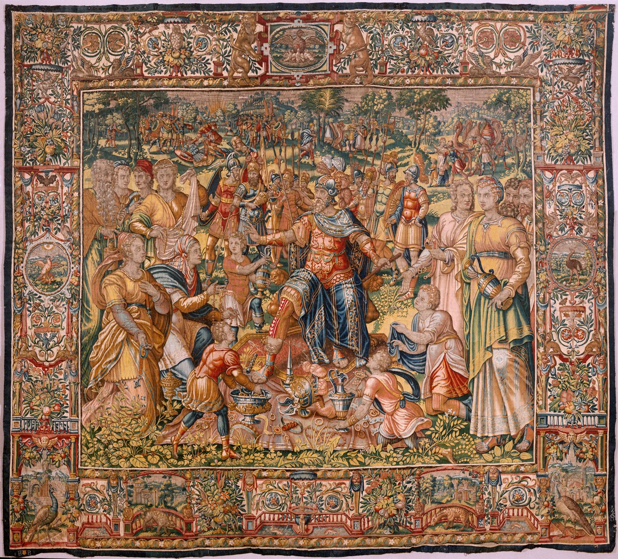 Hiippakunnan museo (Docesan Museum). Flanderin kuvakudos. Bryssel. François Geubelsin työpaja. Sarja Gideonin tarina. Israelilaiset luovuttavat osuutensa saaliista Gideonille. Silkki ja villa. Bishon testamentti tekijältä Maerten van Heemskerck