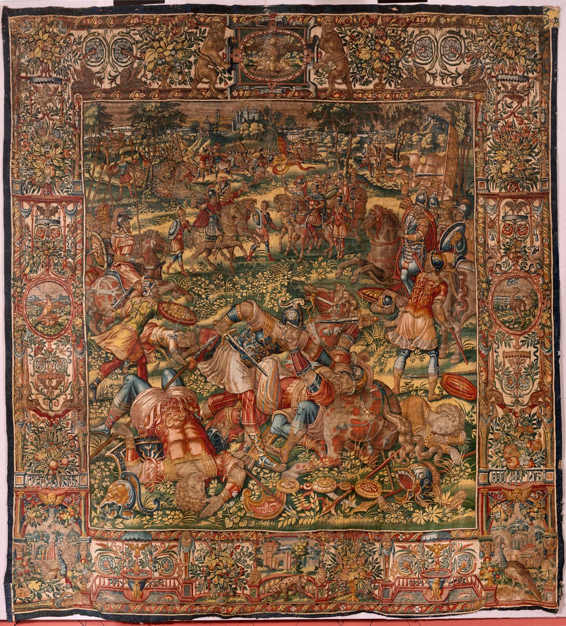 Hiippakunnan museo (Docesan Museum). Flanderin kuvakudos. Bryssel. François Geubelsin työpaja. Sarja Gideonin tarina. Midianilaisten tappio. Silkki ja villa. Sernan piispan Vincent Rockin testamentti. Barokki. 1534-1571, vuonna tekijältä Maerten van Heemskerck