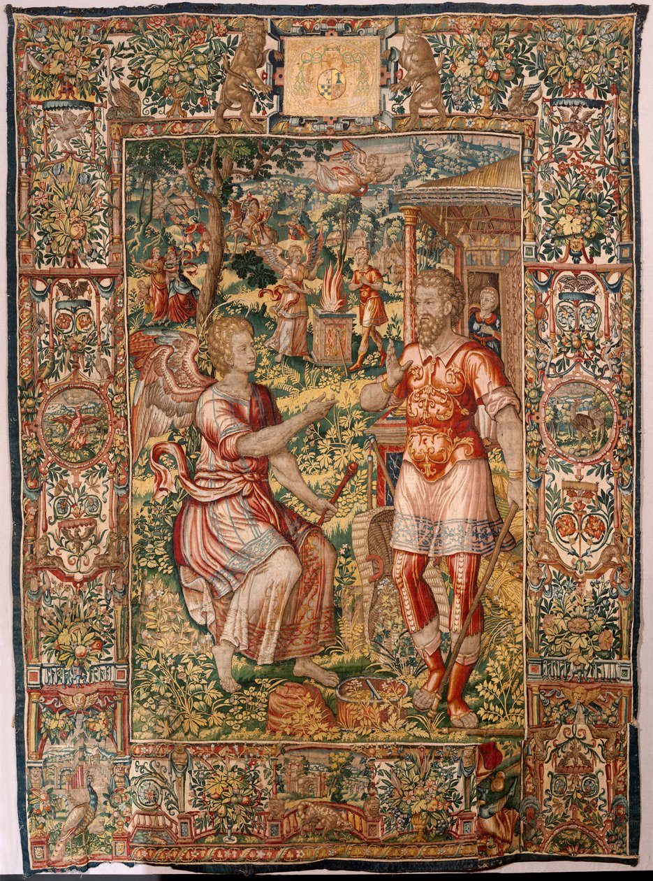 Hiippakunnan museo (Museo Diocesano). Flanderin kuvakudos. Bryssel. Atelier François Geubels. Sarjan tarina Gideonista. Gideon ja enkeli (Gedeón y el ángel). Silkki ja villa. Piispa Vicente Roca de la Sernan testamentti. Barokki. 1534-1571, katedraalissa v tekijältä Maerten van Heemskerck