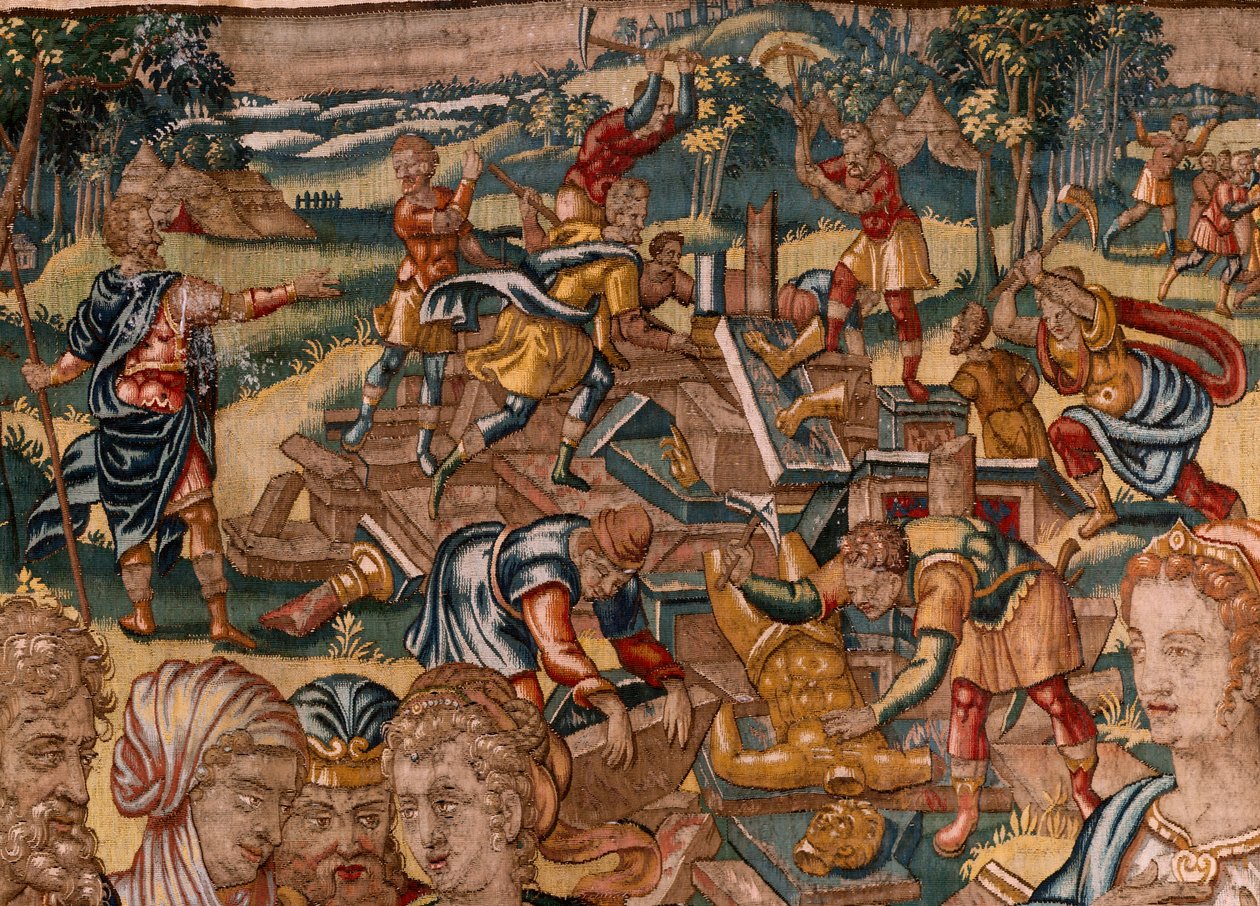 Hiippakunnan museo (Diocesan Museum). Flanderin kuvakudos. Bryssel. François Geubelsin työpaja. Sarja Gideonin tarina. Joas saa tietää, että Gideon on tuhonnut Baalin alttarin (Joasille kerrotaan, että Gideon on repinyt alas Baalin alttarin). Silkki ja vil tekijältä Maerten van Heemskerck