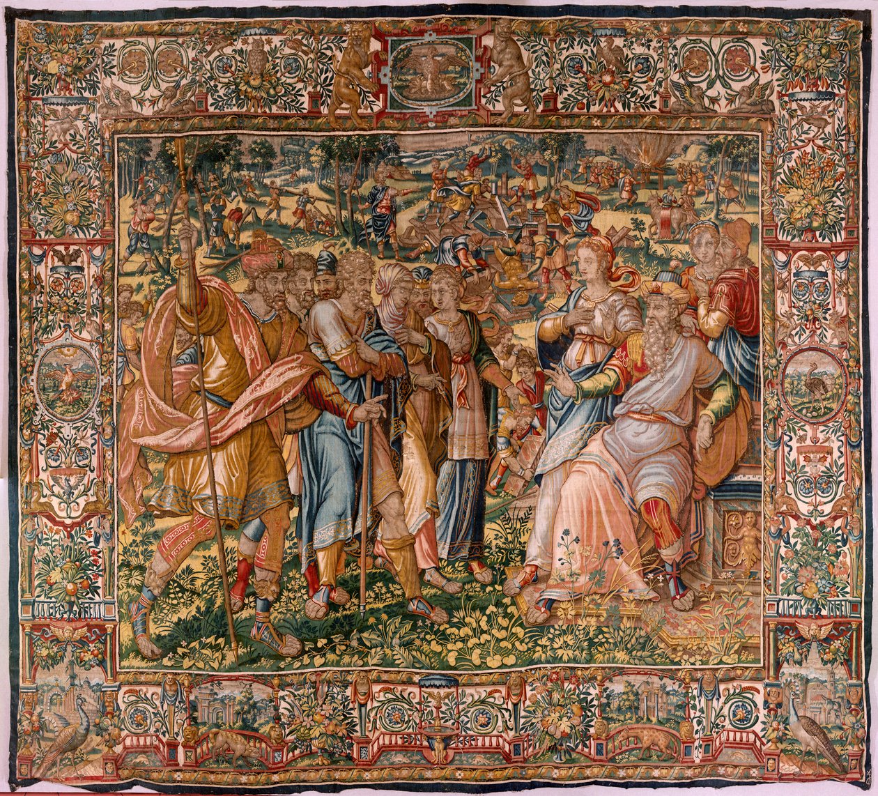 Hiippakunnan museo (Docesan Museum). Flanderin kuvakudos. Bryssel. François Geubelsin työpaja. Sarja Gideonin tarina. Joas saa tietää, että Gideon on tuhonnut Baalin alttarin (Joasille kerrotaan, että Gideon on repinyt alas Baalin alttarin). Silkki ja vill tekijältä Maerten van Heemskerck