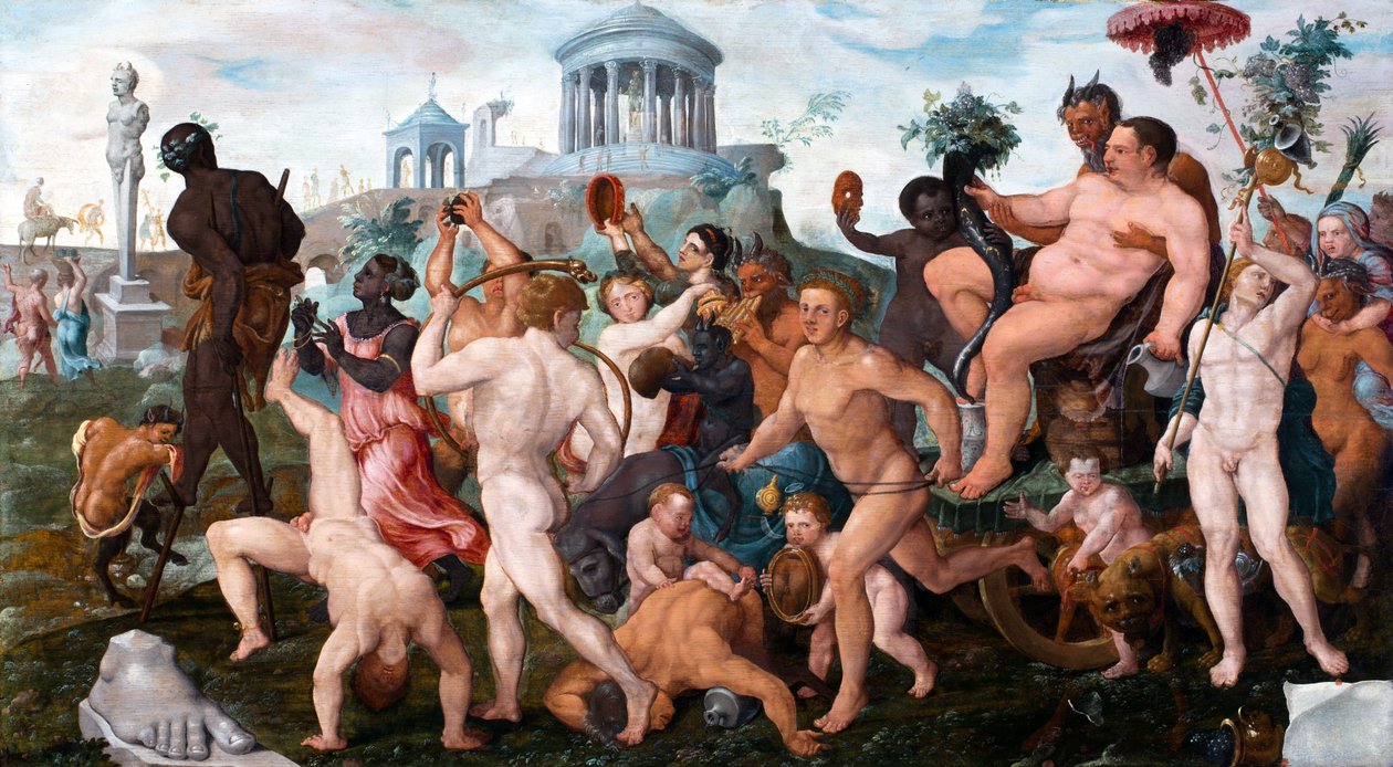 La procession triomphale de Bacchus - Bacchuksen riemukulkue, kirjoittanut Heemskerck, Maarten Jacobsz, van (1498-1574). Öljy puulle, koko: 50x91 tekijältä Maerten van Heemskerck