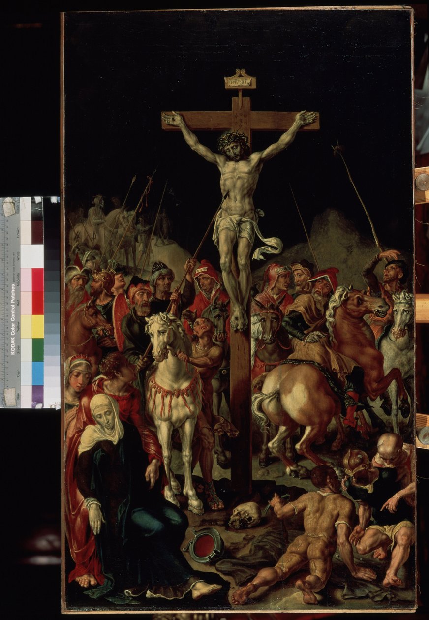 ""Golgata"" (Golgata) Ristiinnaulitseminen. Kirjoitus "INRI" ristissä. Triptyykin keskipaneeli. Maarten van Heemskerckin (Maerten Heemskerk van Veen) (Marten, Martin) maalaus (1498-1574) 1545-1550 Mitat 100,7x58,3 cm Eremitaaši, Sain tekijältä Maerten van Heemskerck