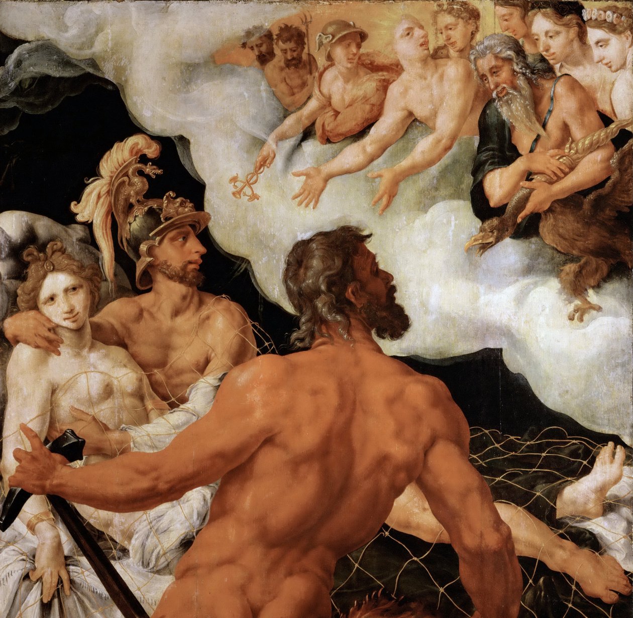 Mars ja Venus loukussa Vulcanin verkkoon - Mars ja Venus loukkuun Vulcanin verkkoon - Maarten Jacobsz van Heemskerck (1498-1574). Öljy puulle, n. 1540. Koko: 96 x 99 cm. Taidehistoriallinen museo, Wien tekijältä Maerten van Heemskerck