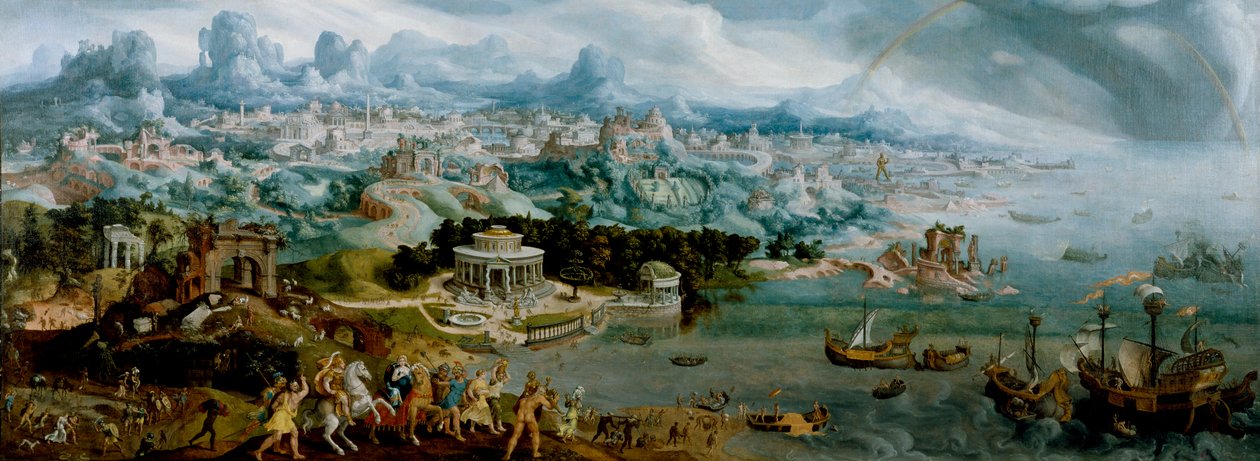 Panoraama, jossa Helenan sieppaus kuvataan antiikin maailman ihmeiden keskellä tekijältä Maerten van Heemskerck