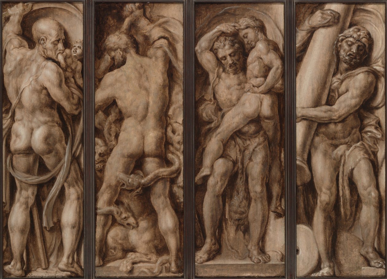 Saturnus syö lapsen; Herakles surmaa Hydran; Herakles nostaa Antaioksen ilmaan; Herakles pystyttää Calpen ja Abylan pylväät tekijältä Maerten van Heemskerck