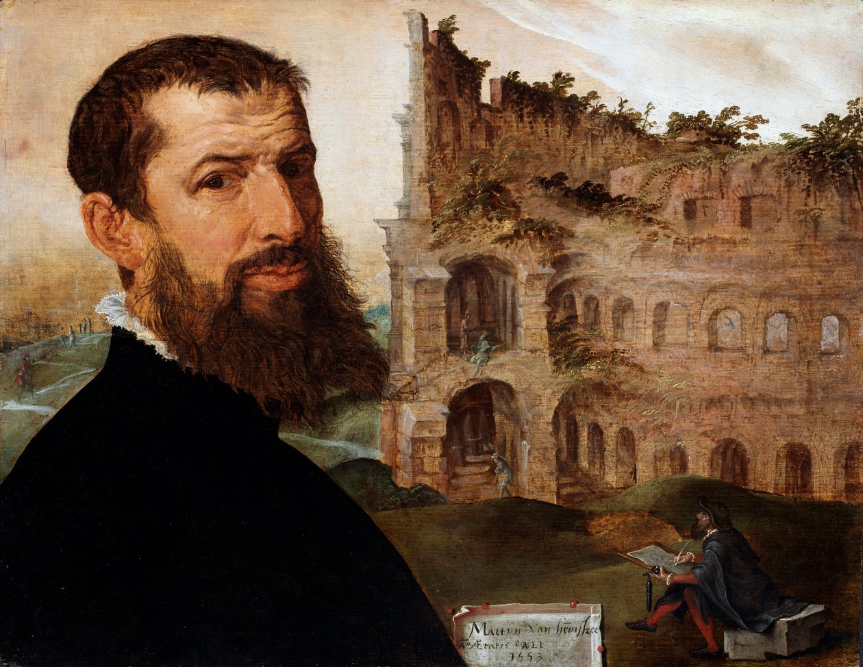 Taiteilijan omakuva, taustalla Colosseum, 1553 tekijältä Maerten van Heemskerck