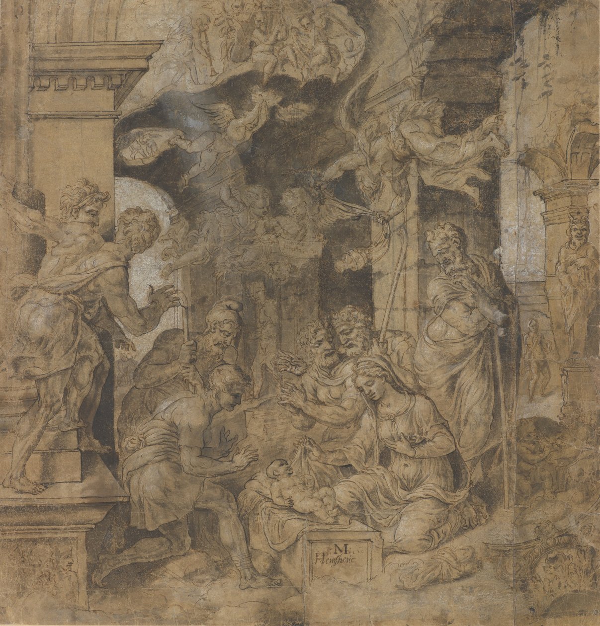 The Adoration of the Shepherds, verso: Sketches, ca. 1532-37. tekijältä Maerten van Heemskerck
