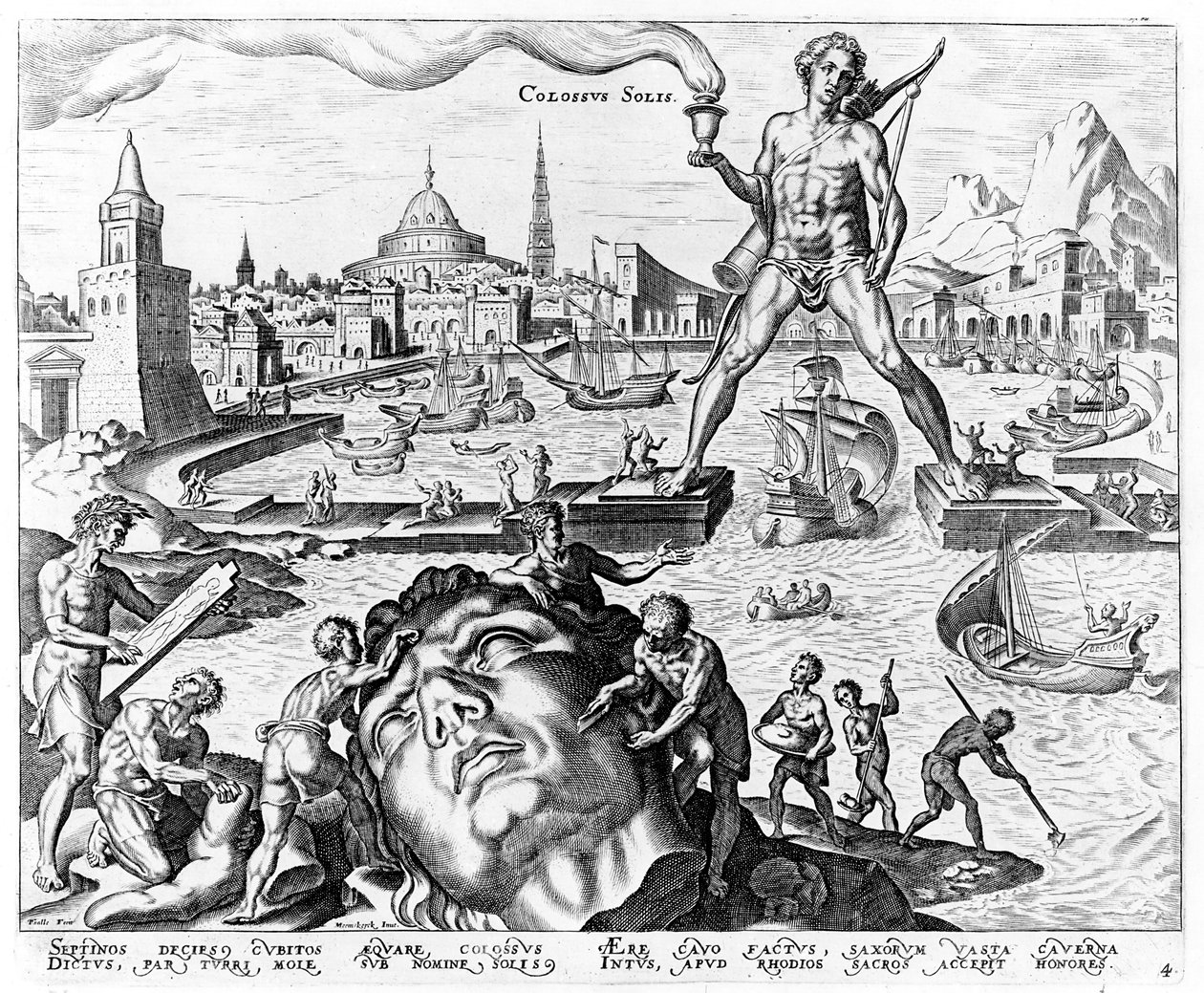 Rodoksen kolossi, levy 4 julkaisusta The Eight Wonders of the World, engr. Philips Galle, 1572 tekijältä Maerten van Heemskerck
