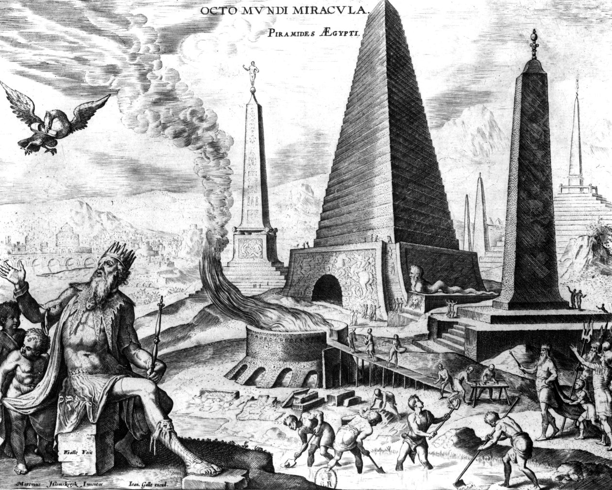 Egyptin pyramidit, levy 1 julkaisusta The Eight Wonders of the World, eng. Philips Galle tekijältä Maerten van Heemskerck
