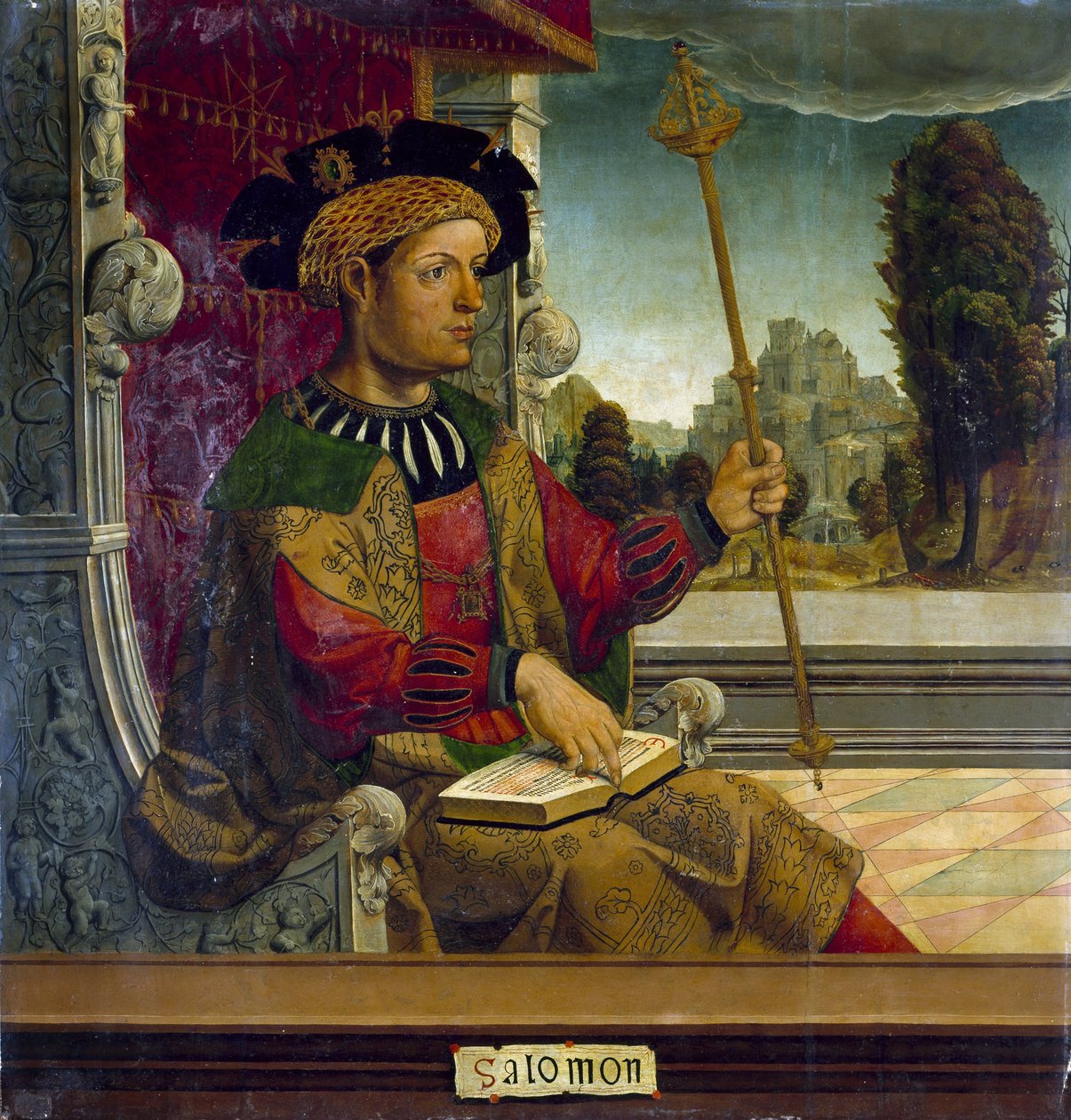 Israelin kuningas Salomo - Kuningas Salomo - Vasikkamestarimaalaus (aktiivinen 1500-luvun alku) - n. 1525 - Öljy puulle - 90,8x87,7 cm - Museo del Prado, Madrid tekijältä Maestro de Becerril