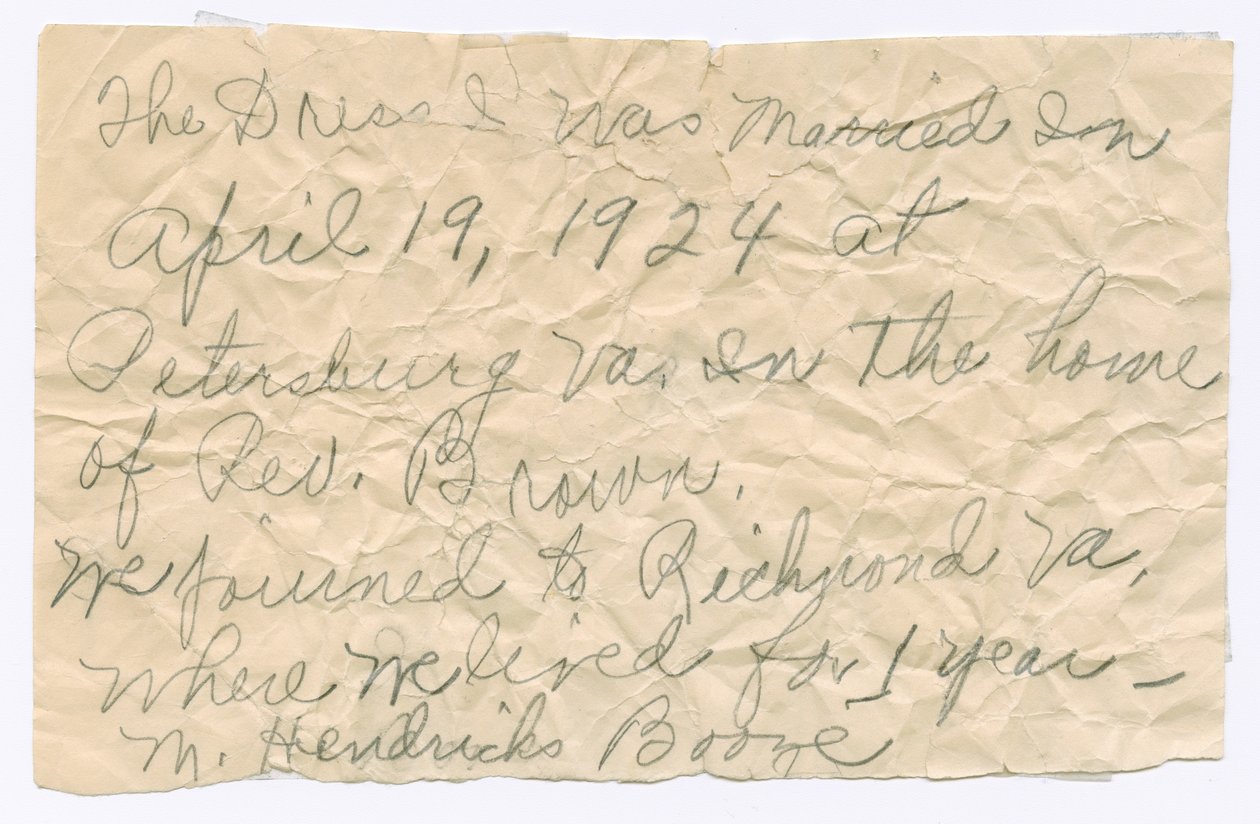 Magdalene Hendricks Boozén käsinkirjoitettu muistiinpano, 1900-luvun puoliväli. tekijältä Magdalene Hendricks Boozé