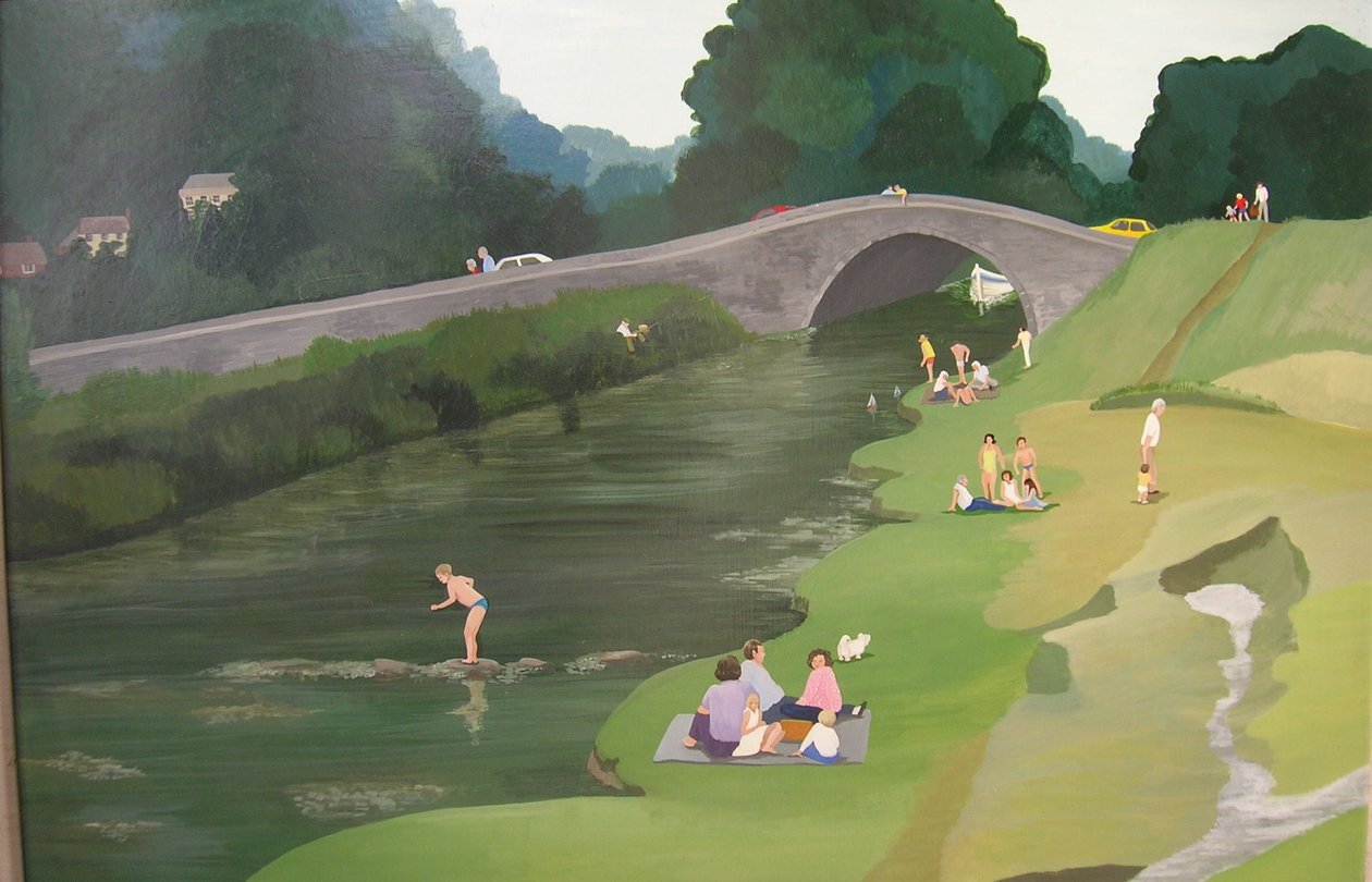 Riverside Picnic, 1989 (akryylia aluksella) tekijältä Maggie Rowe