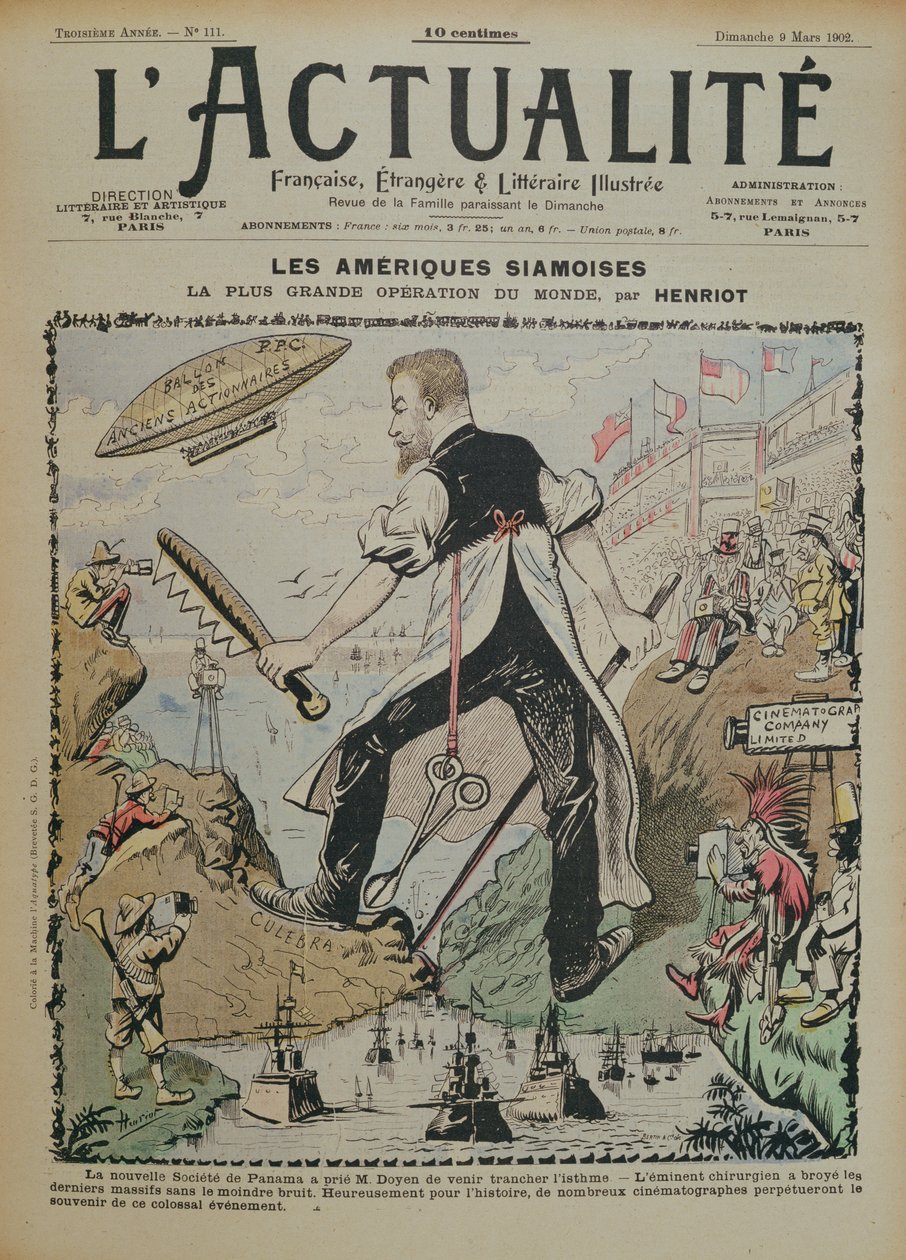 Karikatyyri Panaman kanavan rakentamisesta ja sitä ympäröivästä tiedotusvälineestä, LActualite-lehden kansi, 9. maaliskuuta 1902 tekijältä Henri Maigrot