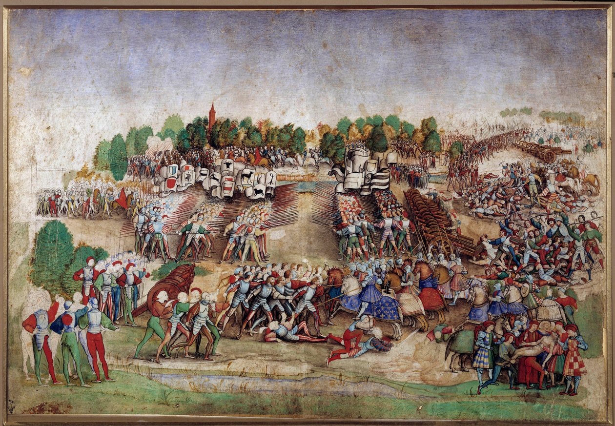 Italian sodat: "" Marignanin taistelu 14.9.1515"" Piirustus mestari De La Ratieren kynällä (1500-luku) Sun. 0,21x0,31 m Chantilly, Musee Conde tekijältä Maitre a la ratiere