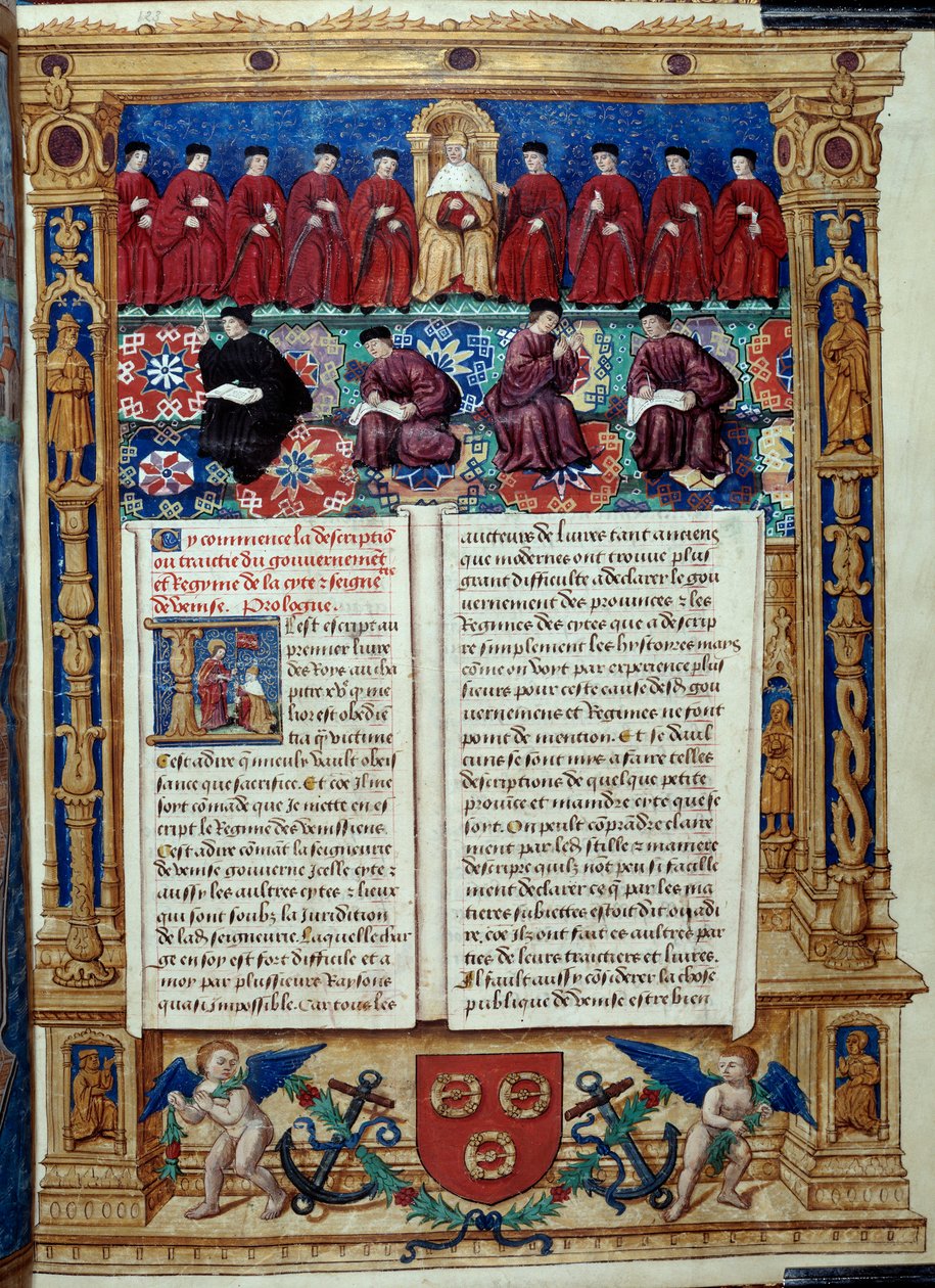O Conselho dos Dez O Doge está no centro. Página extraída de uma descrição ou trata do governo e regime da cidade e senhoria de Veneza realizada pelo Almirante Louis Malet de Graville, iluminada pelo Mestre de Philip de Geldre (séc. tekijältä Maitre de Philippe de Gueldre