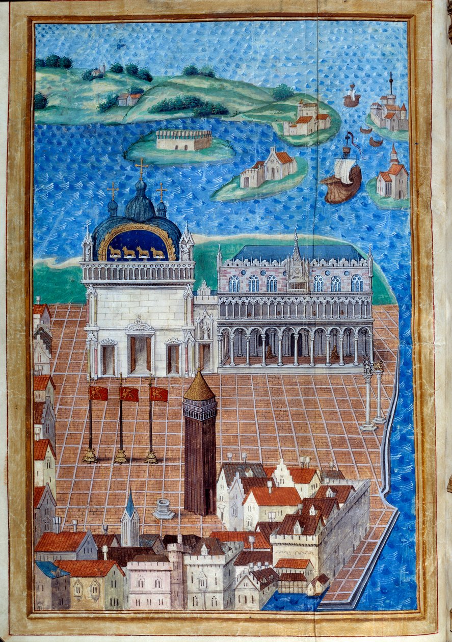 Näkymä Pyhän Markuksen aukiolle ja Dogen palatsille"" Miniatyyri otettu kohteesta "" Kuvaus tai käsittelee Venetsian kaupungin ja herraskunnan hallitusta ja hallintoa""" Philip de Geldren (1467-1547) mestari Chantilly, Musee Conde tekijältä Maitre de Philippe de Gueldre