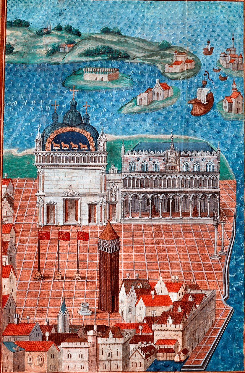 Näkymä Pyhän Markuksen aukiolle ja Venetsian Dogen palatsille"" Miniatyyri otettu kohteesta "" Kuvaus tai käsittelee Venetsian kaupungin hallitusta ja hallintoa""" Philip de Geldren (1467-1547) mestari Chantilly , Musee Conde tekijältä Maitre de Philippe de Gueldre
